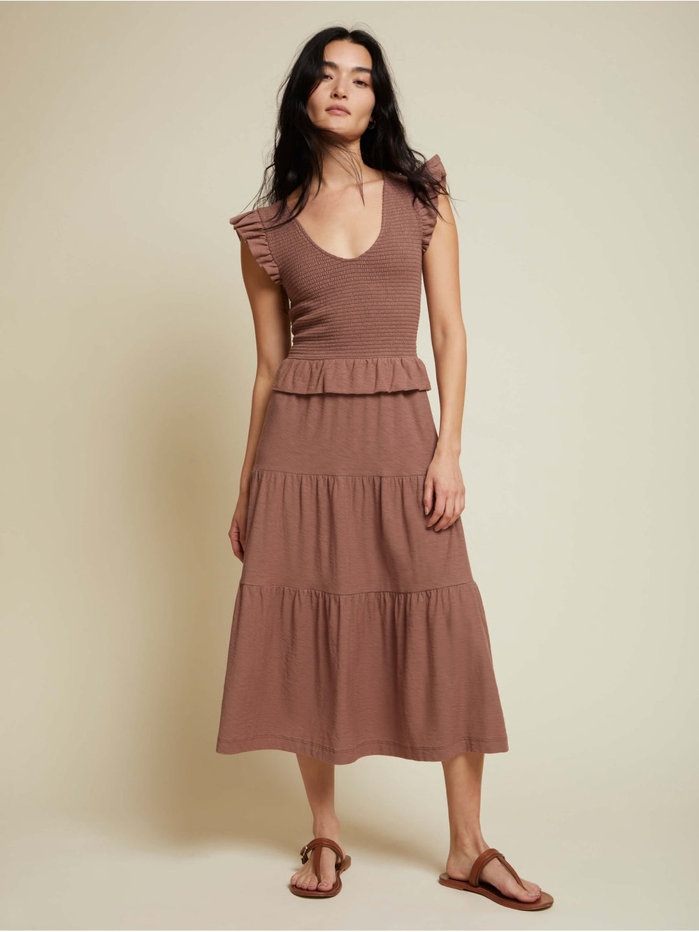 Nation LTD Mauve-Rose Smocked Ruffle Midi Dress